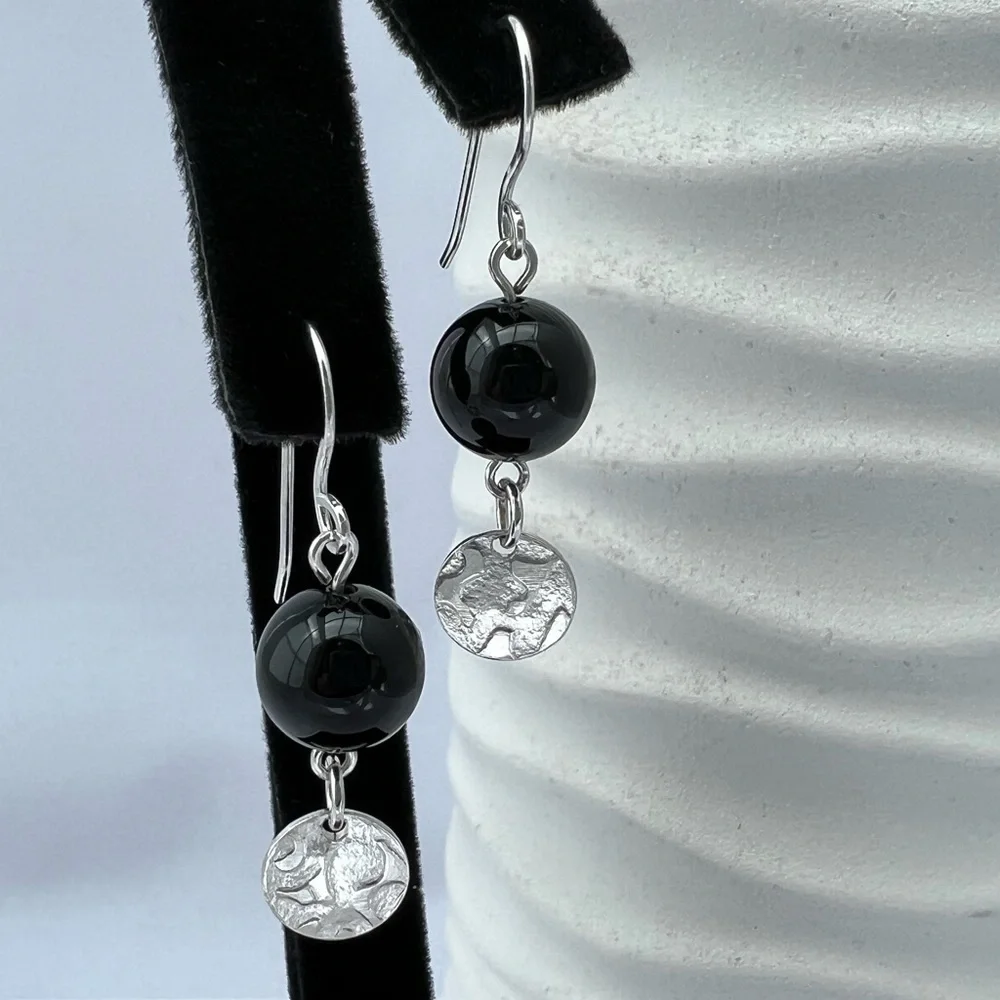 Artisan Black Onyx with Embossed Sterling Silver Disk Earrings - Picture 13 of 14